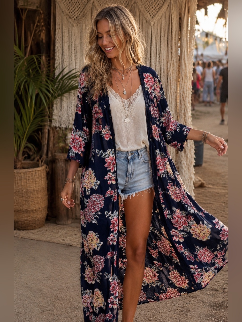 Angie Navy Floral Maxi Kimono Duster | Boho Open Front Layering Piece | Small